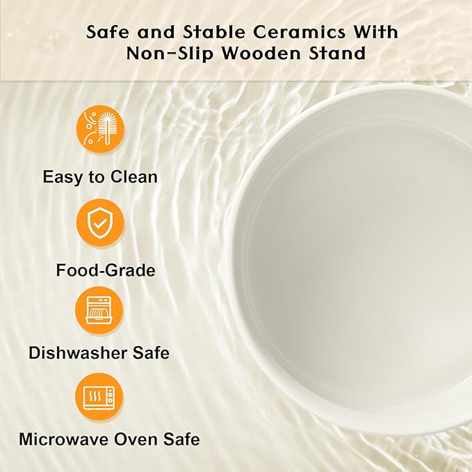 SPUNKYJUNKY Ceramic Elevated Dog Bowls 2 Pack - 8.3inch Raised Dog Bowls with Non-Slip Wooden Stand for Large Dogs Dishwasher Safe(White,60OZ*2)