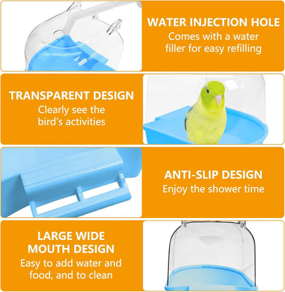 Tfwadmx 3Pcs Bird Bath for Cage Hanging Parakeet Bath Box Clear Bird Bathtub Water Shower Food Feeder Bathing Tub for Cockatiel Conure Canary Budgies