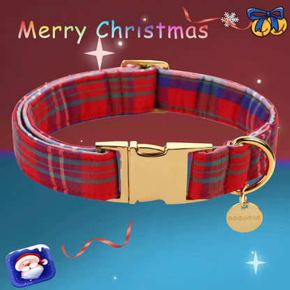 DOGWONG Cotton Dog Collar with Bowtie, Stylish Christmas Red Plaid Dog Collar Adjustable Puppy Necklace for Small and Medium Dogs