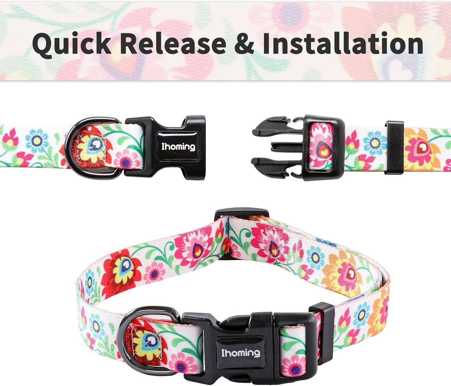 Ihoming Dog Collar and Leash Set for Daily Outdoor Walking Running Training, White Colorful Flowers Design for Large Boys Girls Dogs Cats Pets, L-Up to 80LBS