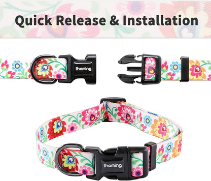 Ihoming Dog Collar and Leash Set for Daily Outdoor Walking Running Training, White Colorful Flowers Design for Large Boys Girls Dogs Cats Pets, L-Up to 80LBS