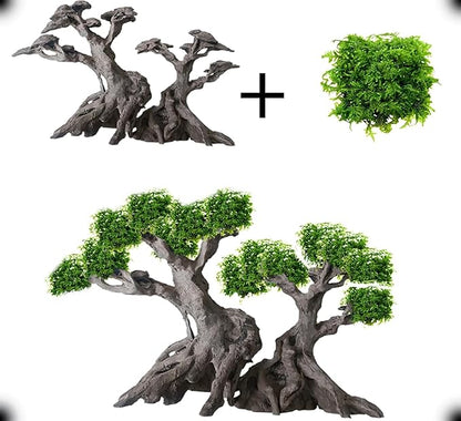 Novelsite Fish Tank Decor- Bonsai Trees with Faux Moss- Aquarium Rocks Aquascaping- Made of Sandstone, Goldfish Betta Fish Tank Decorations Hides Accessories