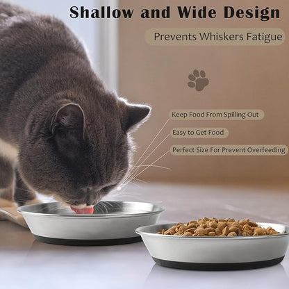 Stainless Steel Cat Bowls,Whisker Friendly Shallow Cat Dishes for Food and Water,Non-Slip Silicone Bottom,Heavy Duty,Replacement Kitten Metal Plate for Elevated Stands,6 Pack