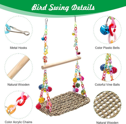 Bird Swing Toys Coolrunner Bird Hammock Bed Hanging Swing Nest Cotton Weave Hemp Rope Bird Seagrass Swing Toys with Colorful Bells Bird Swing Toys for Parakeets, Budgie, Conure, Cockatiel