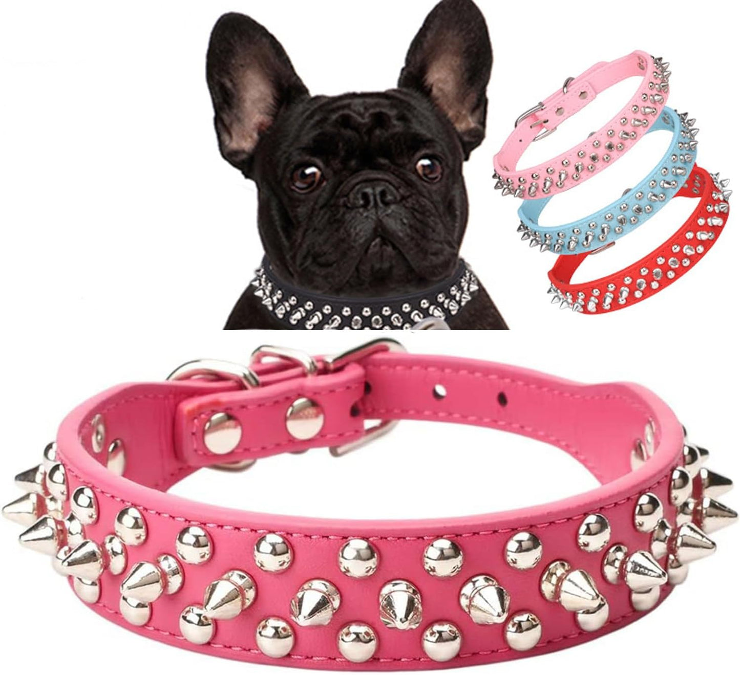 Serijoars Spiked Dog Collar Soft Pu Leather Mushrooms Rivet Spike Studded Dog Collar Adjustable Puppy Collars (XS, Hot Pink)