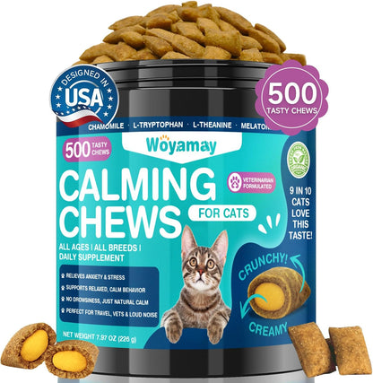 Cat Calming Treats, 500 Crunchy & Creamy Calming Chews for Cats, Natural Calming Cat Treats to Manage Stress & Anxiety, Tasty Calm Chews Supplement, Chicken Flavor