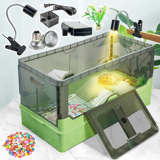 Turtle Tank kit with Filter+Water Pump+Heat lamp, Wheels, Easy to Move, Imitate The Natural Flows, Suitable for Small Turtle Horned Frog Hermit (XL, Green)