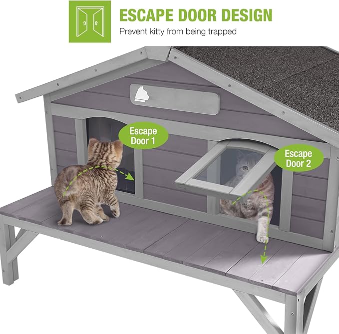 GUTINNEEN Outdoor Cat House Outside Feral Cat Shelter Weatherproof with Large Porch, Escape Door and Name Plate 43.5" L
