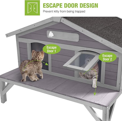GUTINNEEN Outdoor Cat House Outside Feral Cat Shelter Weatherproof with Large Porch, Escape Door and Name Plate 43.5" L