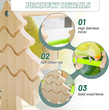 Small Bird Mirror Parrot Swing,Bird Stand Perch Toy,Double Sided Mirror Swing with Chew Flower Perch Safe Parakeet Budgie Cockatiel Cage Accessories for Biting Anxiety.