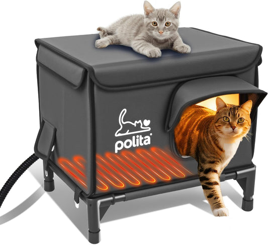Rugged Heated Cat House for Outdoor Cats in Winter, Extremely Insulated & 100% Weatherproof, Elevated Feral Cat Shelter with Waterproof Eaves & Safe Escape Door for Stray & Barn Cats