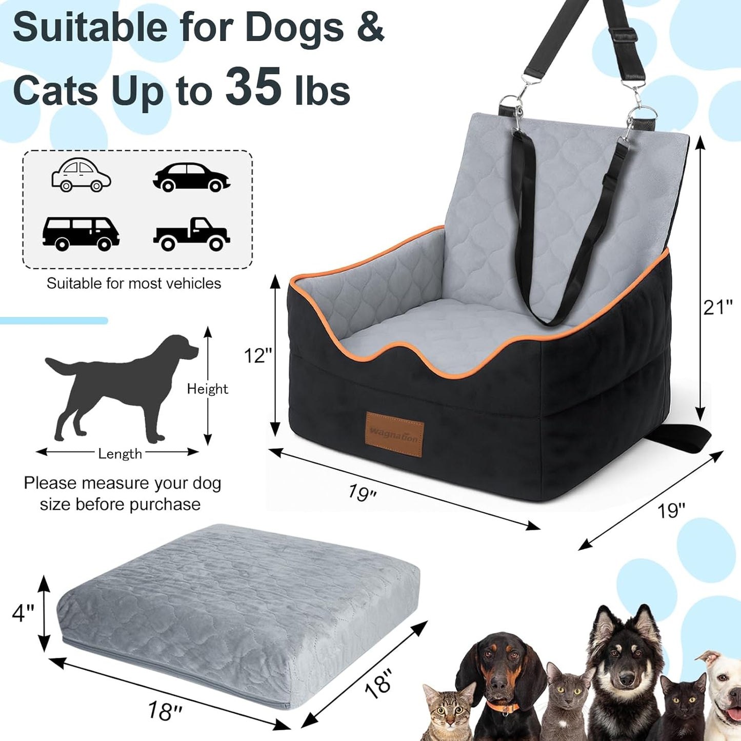 Dog Car Seat for Small/Medium Dogs Under 35lbs, Pet Booster Seat with 4In Memory Foam Cushion, Fully Detachable and Washable, Travel Dog Carseat with Storage Pocket and Safety Belt