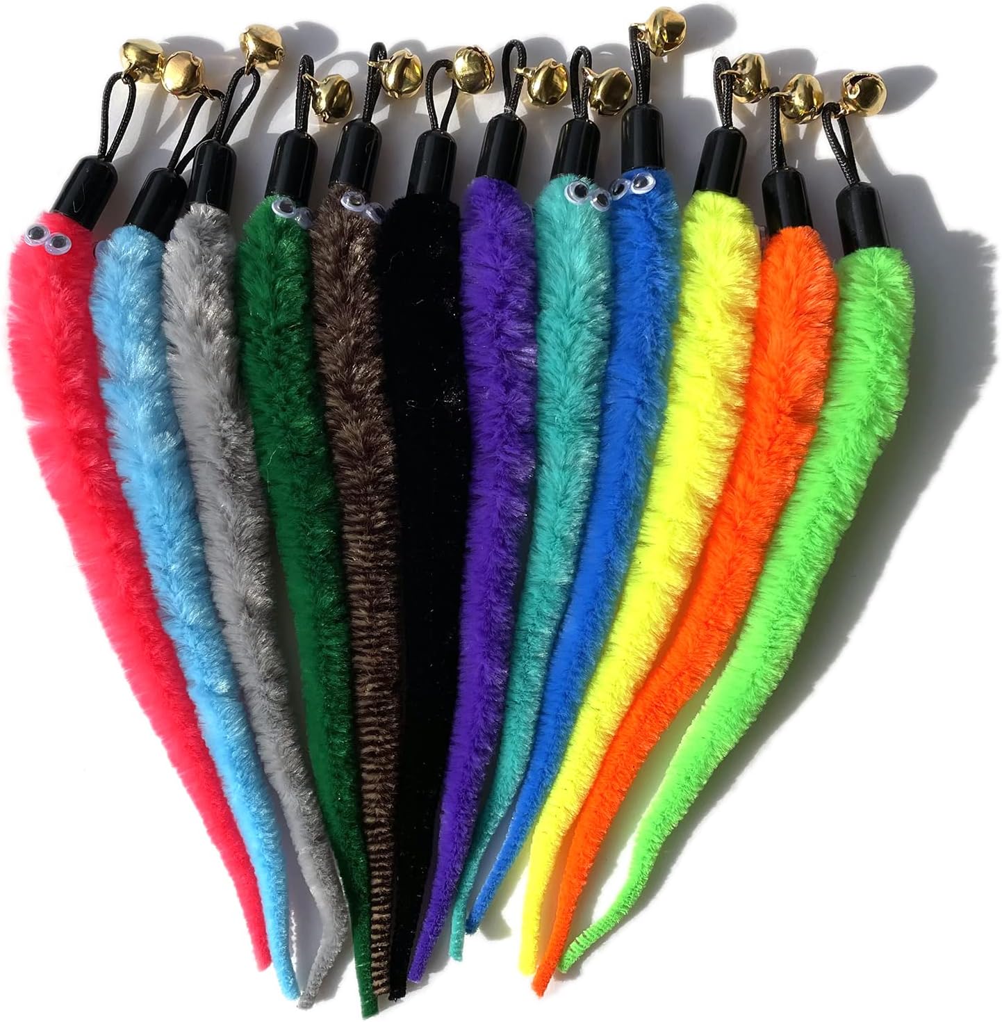 AcceLeah Cat Worm Toy Teaser Wand Replacement, Cat Worms & Dragonfly Refill, Assorted Teaser Refills with Bell (12Pcs)