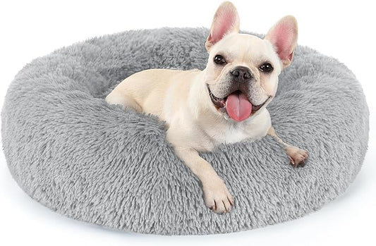 rabbitgoo Calming Dog Bed for Small Medium, 27 inches Pet Bed Machine Washable, Non-Slip Round Fluffy Plush Faux Fur, Soft Donut Cuddler Cushion for Small Dogs, Light Grey
