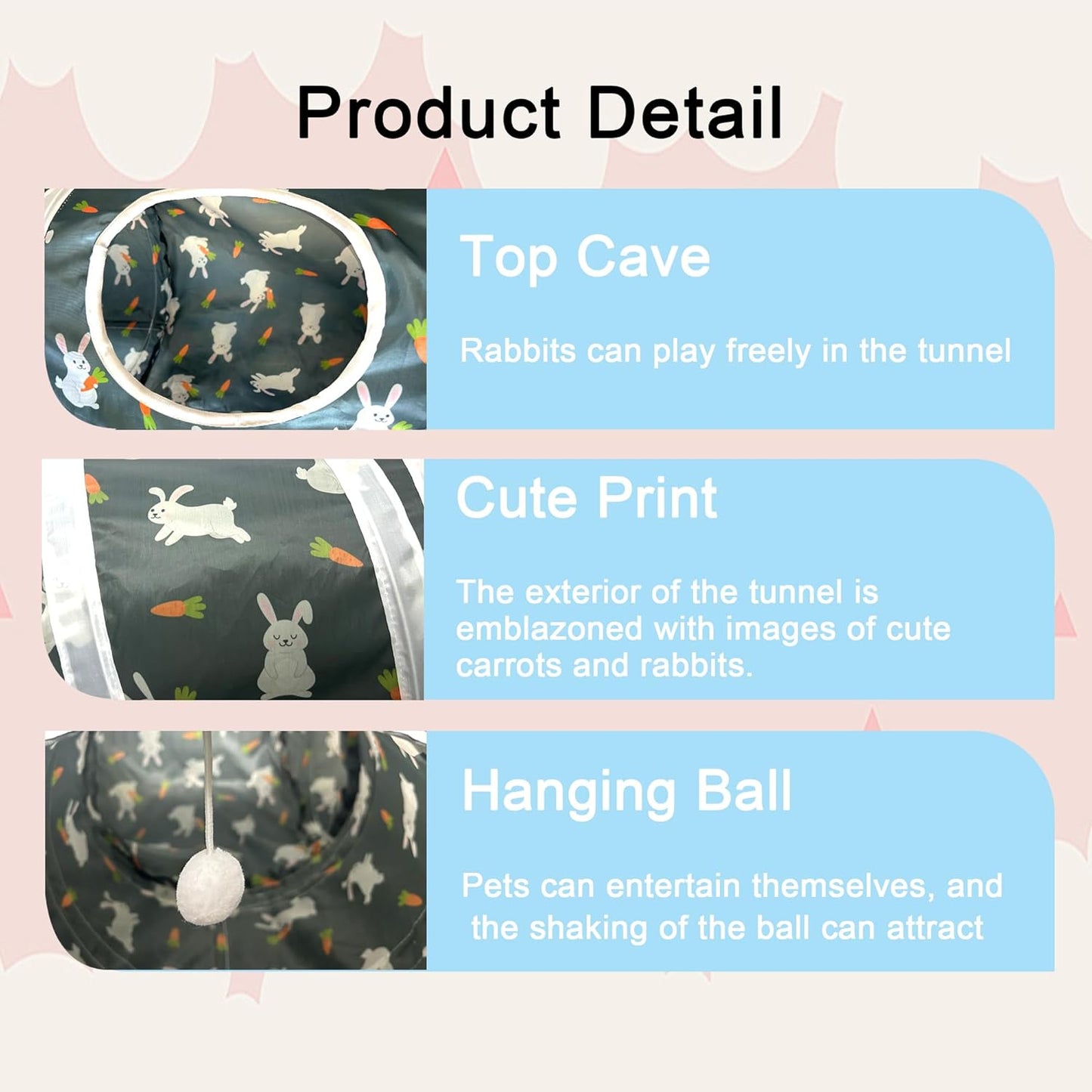 LUCKITTY Rabbit Tunnel Toy, Collapsible 3-Way Hideout Tunnel with Chew Toys for Rabbits, Guinea Pigs, Ferrets, Kittens & Small Pets - Gray & White Bunny Carrot Design Hideout (33"x20"x9.5")