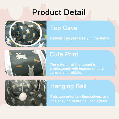 LUCKITTY Rabbit Tunnel Toy, Collapsible 3-Way Hideout Tunnel with Chew Toys for Rabbits, Guinea Pigs, Ferrets, Kittens & Small Pets - Gray & White Bunny Carrot Design Hideout (33"x20"x9.5")