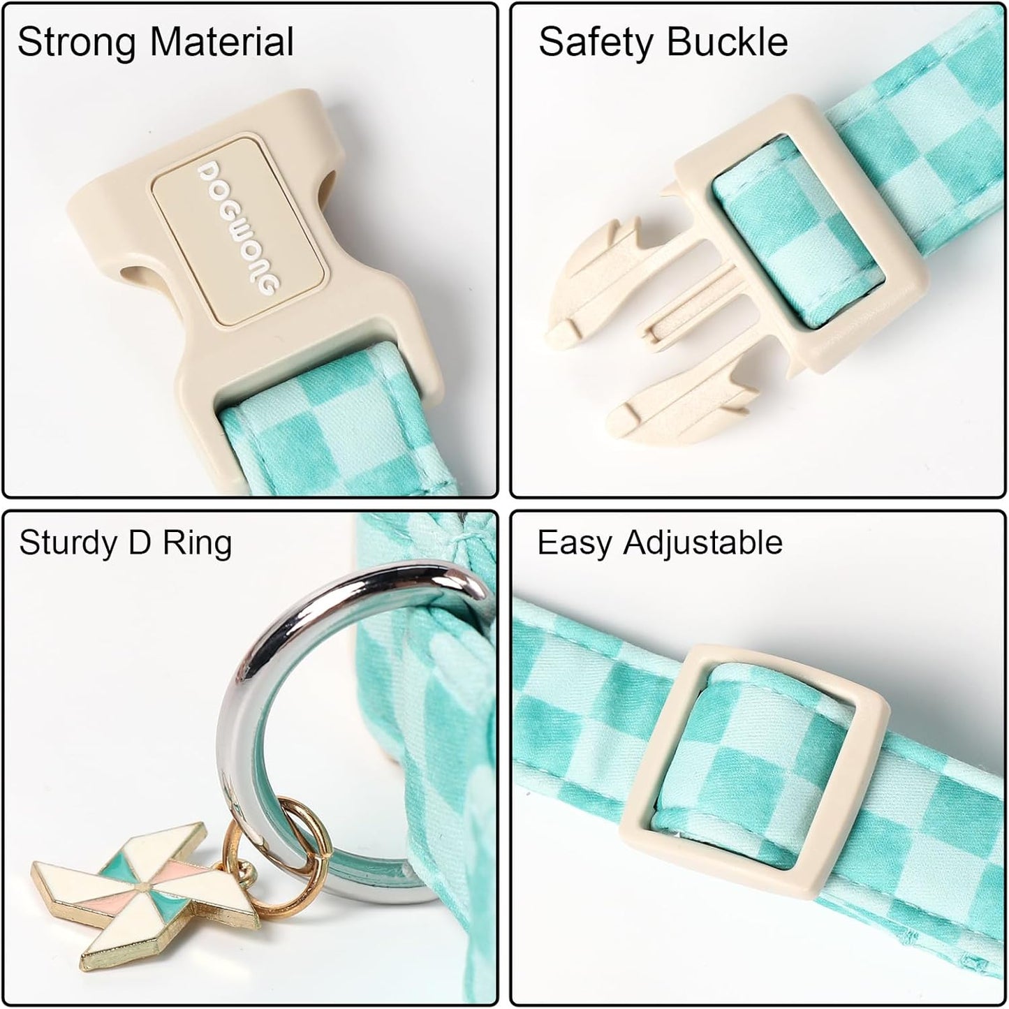 DOGWONG Green Dog Collar, Green Plaid Dog Collar Durable Checkered Pet Dog Collars Cute Summer Boy Puppy Necklace for Small Medium Large Dogs