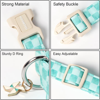 DOGWONG Green Dog Collar, Green Plaid Dog Collar Durable Checkered Pet Dog Collars Cute Summer Boy Puppy Necklace for Small Medium Large Dogs