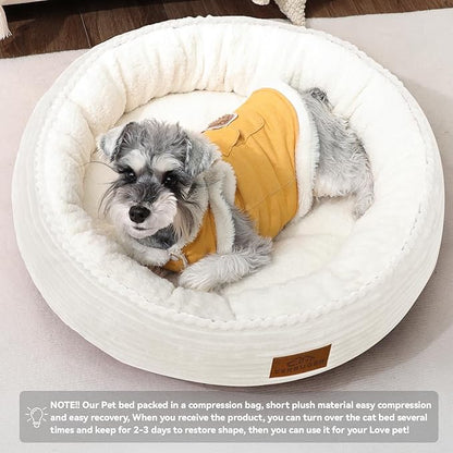 23in Cream Round Cat Dog Bed Gift for Large Medium Small Dogs Cats, Machine Washable Sleeping Sofa, Non-Slip Bottom Breathable Soft Calming Pet Cuddler for Indoor/Outdoor/Car/Cage