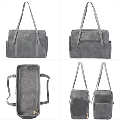 Fashion Dog Purse Pet Carrier Leather Bag for Small Dogs Cats Puppy, Portable Tote Bag Airline Approved Soft-Sided Carriers (Grey)