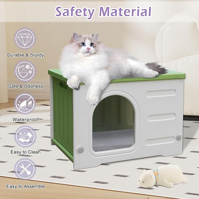 Waterproof Cat House for Outdoor Cats, Plastic Feral Cat House with Escape Door and Soft Mat, Large Indoor Cat House for Mutiple Cats - Green