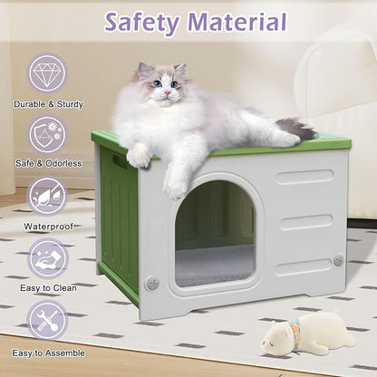 Waterproof Cat House for Outdoor Cats, Plastic Feral Cat House with Escape Door and Soft Mat, Large Indoor Cat House for Mutiple Cats - Green