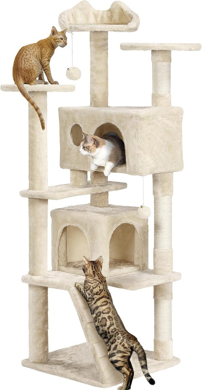 Yaheetech 62in Cat Tree Cat Tower for Indoor Cats, Cat Furniture w/Double Condo, Scratching Posts, Multiple Platforms and Balls for Kittens & Cats, Beige