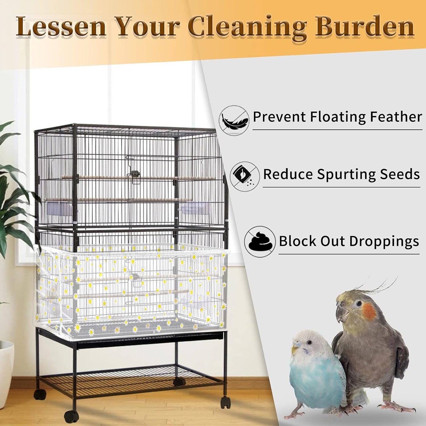 Daoeny Large Bird Cage Cover, Bird Cage Seed Catcher, Adjustable Soft Nylon Mesh Net with Daisy Pattern, Birdcage Cover Skirt Seed Guard for Parrot Parakeet Macaw Round Square Cages (White)