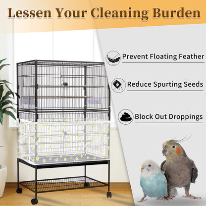 Daoeny Large Bird Cage Cover, Bird Cage Seed Catcher, Adjustable Soft Nylon Mesh Net with Daisy Pattern, Birdcage Cover Skirt Seed Guard for Parrot Parakeet Macaw Round Square Cages (White)