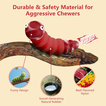 Caterpillar Dog Chew Toys for Aggressive Chewers, Tough Indestructible Squeaky Dog Toy with Beef Flavor Nylon Rubber for Large Medium Dogs to Keep Them Busy and Reduce Boredom (Red)