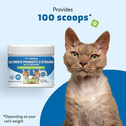 Pet Wellbeing Ultimate Probiotic 9 Strains with Prebiotics for Cats - Supports the Gut Microbiome and Digestion, Immune System Care, Urinary Tract Health, FOS, 2.5 billion CFU - 5.64 oz (160 g) Powder