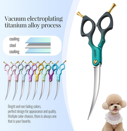 Professional Curved Dog Grooming Scissors with Sharper Self Grinding lightweight and finely trimmed split structure 6.5'' Japan VG10 63HRC for small dogs cat pet(Green&Black)