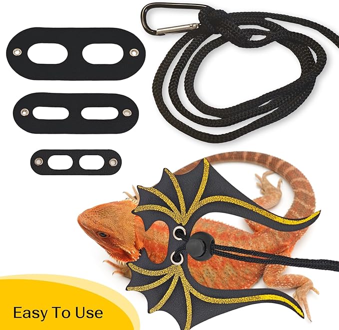 Bearded Dragon Leash and Harness Set,3 Size Adjustable Reptile Harness with Dinosaur Wings Safe Walking Accessories for Bearded Dragons,Lizards Small Reptiles Breathable and Escape Proof Design Black