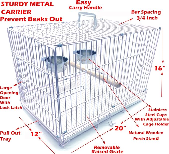 White Durable Metal Easy Foldable Travel Vet Carrier Perch Stand Metal Cage Prevent Your Parrot Bird Prevent Beaks Out Stainless Feeder Cups Natural Wooden Perch Stand
