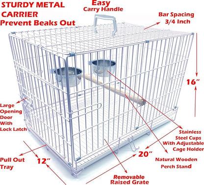 White Durable Metal Easy Foldable Travel Vet Carrier Perch Stand Metal Cage Prevent Your Parrot Bird Prevent Beaks Out Stainless Feeder Cups Natural Wooden Perch Stand