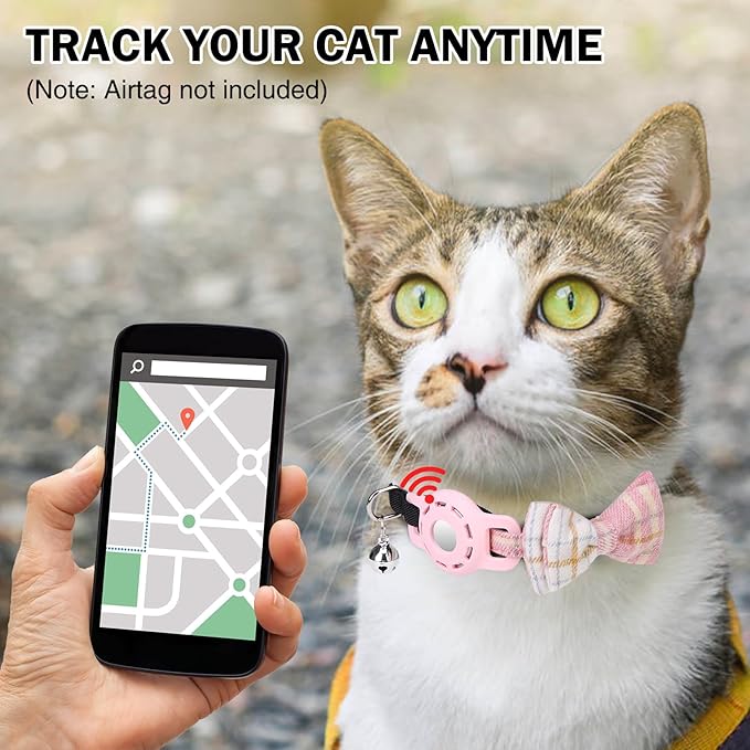 Airtag Cat Collar with Bells and Bowtie -Safety Elastic Band Kitten Collar for Apple Air Tag Holder- Cute GPS Cat Tracker Collars for Girl Boy Cats and Puppies, Adjustable 8"-12" Pink