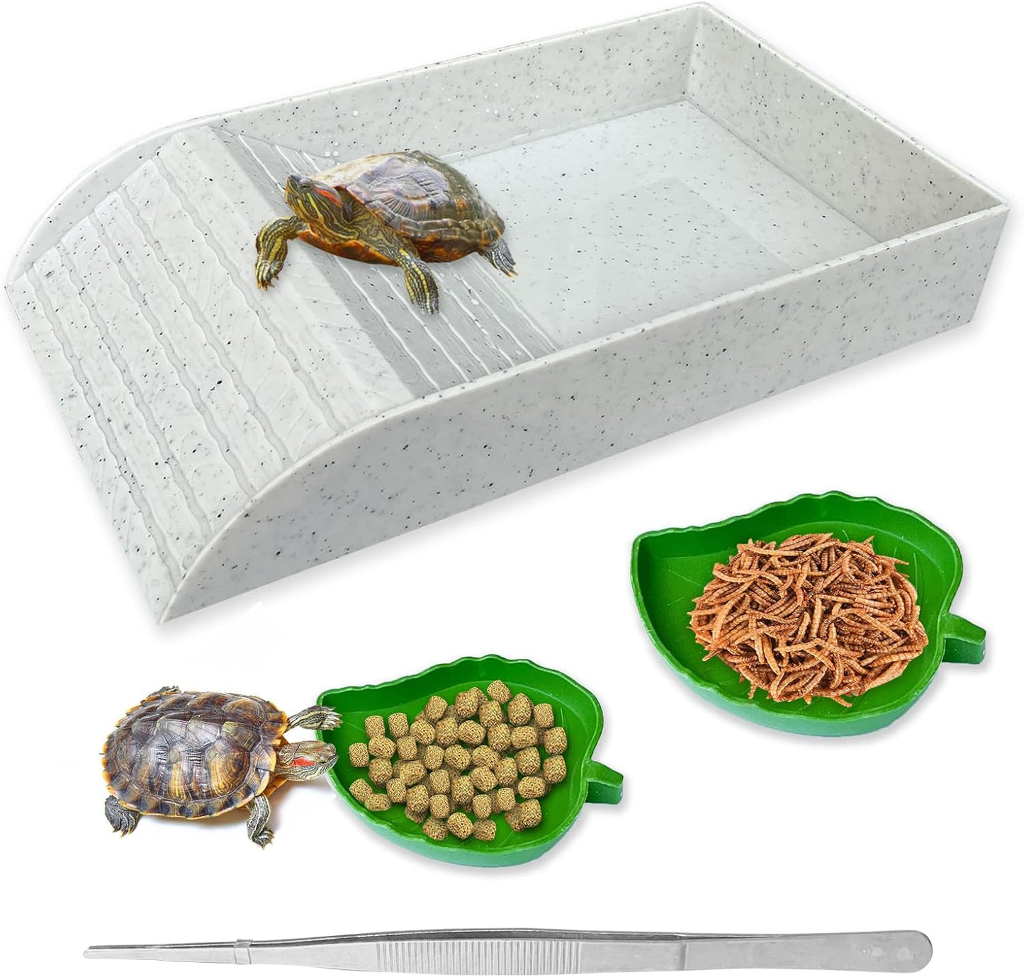 NGORAY Tortoise Feeding Dish with Ramp and Basking-Platform - Leaf Tortoise Water Food Bowls, Reptile Water Dish Amphibians Habitat, Reptile Water Bowl Fit for Amphibians with Forcep Cleaning Clip