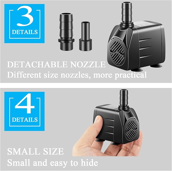 Submersible Pump, Small Fountain Pump with Tubing, Submersible Water Pump for Aquarium Fish Tank Indoor or Outdoor Pond Fountain Hydroponics Statuary (10W 160GPH, With Led Light)