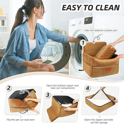 Dog Car Seat for Small Medium Dogs, Memory Foam Dog Booster Seats with Thick Cushion for Dogs Under 35lbs, Detachable Washable Pet Car Seat Travel Bed with Storage Pockets,2 Safety Belt