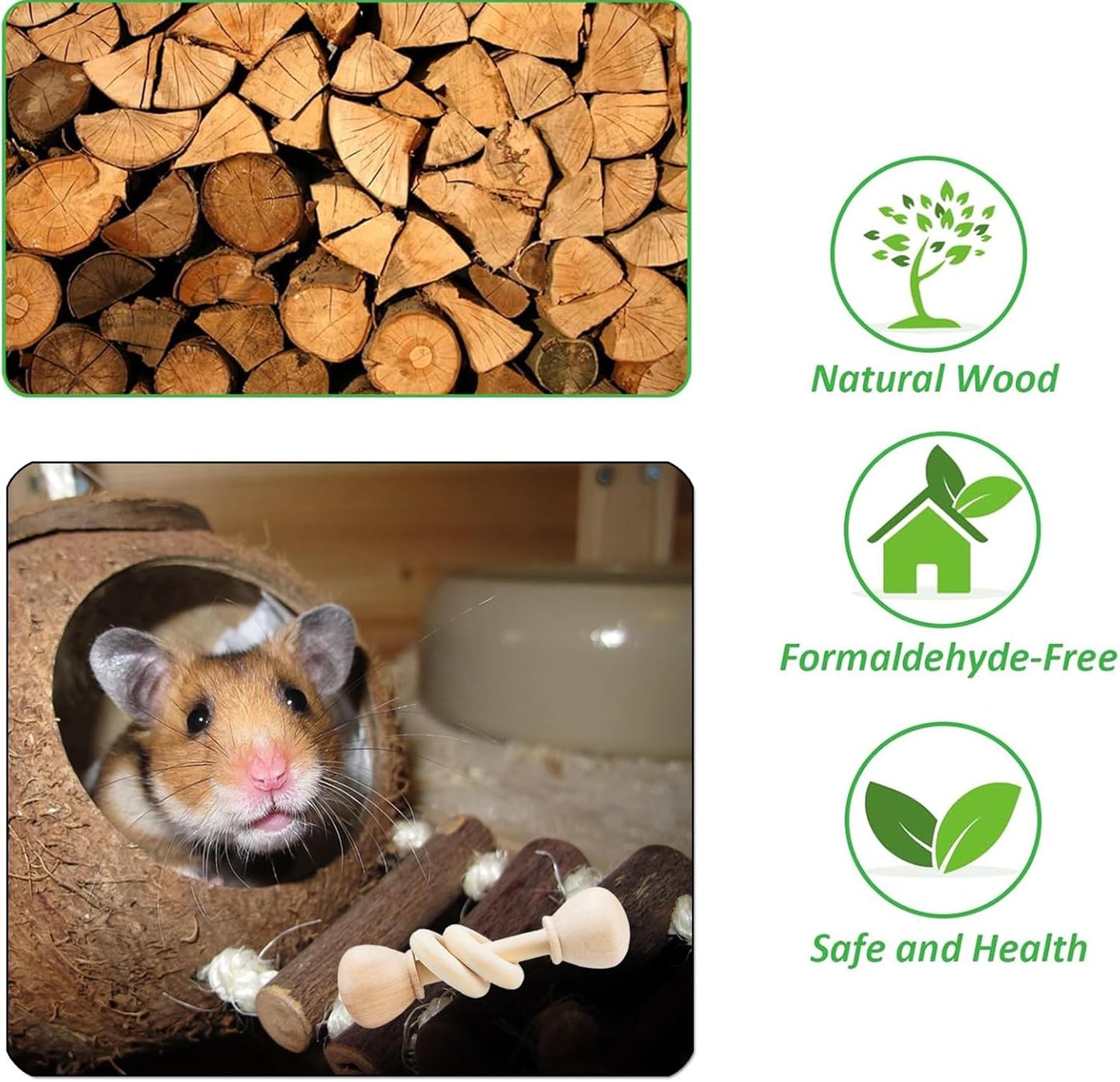 KABASI 3 PCS Wooden Bunny Toys, Safe Rabbit Guinea Pigs Bite-Resistant Natural Wooden Chew Teeth Grinding Toys for Chinchillas Hamsters Small Animals Rat Playing Indoor Outdoor