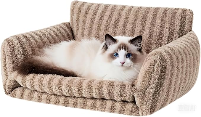 Hollypet Cat Bed Fluffy Plush Mutifuctional Double-Layer Soft Pet Couch Orthopedic Sofa Nest Beds for Small Cats and Dogs, Khaki (25x20x13 inch)