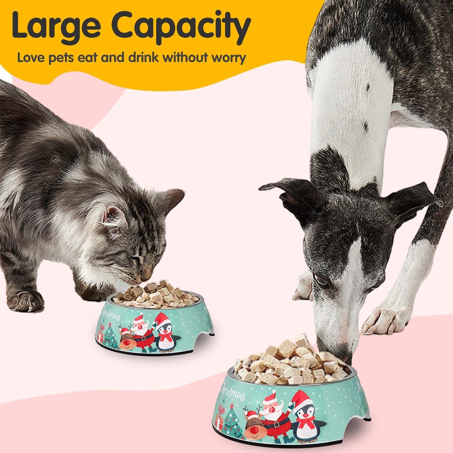 Christmas Xmas Pet Dog 2 in 1 Food Water Bowls - Non Slip Skid Proof Heavy Duty Pet Cats Dog Food Water Bowls for Feeding Medium Dogs -Green Christmas-M