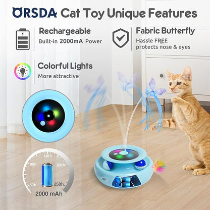 ORSDA Cat Toy, 3-in-1 Automatic Interactive Electronic Moving Ambush Feather, Fluttering Butterfly, Track Balls, USB Rechargeable Powered Smart Indoor Exercise Kicker