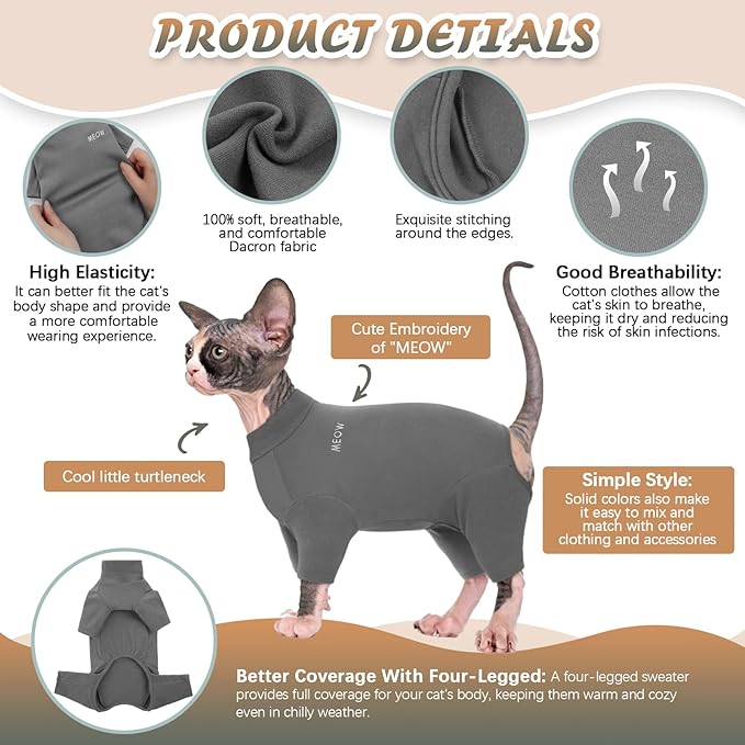 ROZKITCH Hairless Cat Clothes, Breathable Soft Jumpers for Sphynx Cats Only, Coat with Four Legs, Warm Sweater T-Shirt Pajamas Jumpsuit Vest Cornish Rex, Devon Rex, Peterbald Grey L