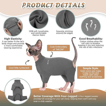 ROZKITCH Hairless Cat Clothes, Breathable Soft Jumpers for Sphynx Cats Only, Coat with Four Legs, Warm Sweater T-Shirt Pajamas Jumpsuit Vest Cornish Rex, Devon Rex, Peterbald Grey L
