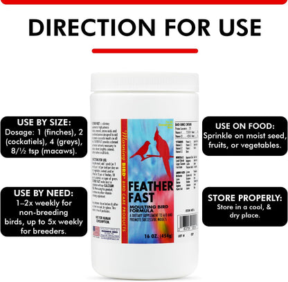 Morning Bird Feather Fast 16 Oz – Multi-Vitamin During Molt - Molting Support Supplement for Bird – Amino Acid & Vitamin Powder Formula– Promotes Feather Growth, and Full Plumage – for All Adult Birds