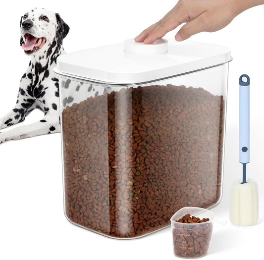 12 lbs Airtight Dog Cat Food Storage Container and Dog Treat Containers BPA-Free, PET Clear Stackable Pet Storage Bin, 1-Cup Scoop, 1-Sponge cleaning brush, Pop Top, With handle, Easy Mobility-large
