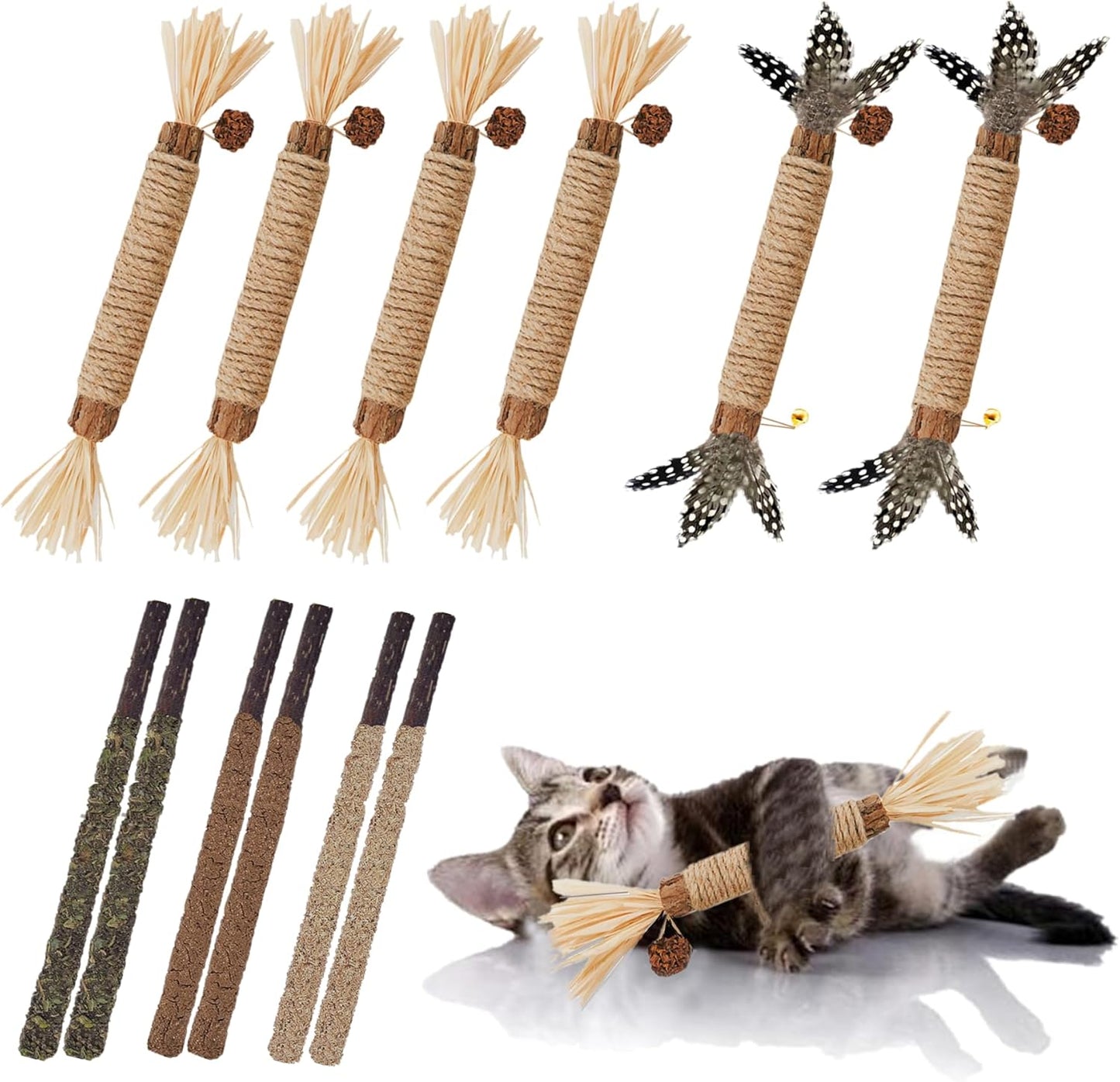 Cat Toys, 12pack Silvervine Cat Feather Toy Kitten Chew Stick Catnip Treat with Bell for Cleaning Teeth Indoor Kitty Teaser Wand Molar Snack for Interactive Pet Pig-1