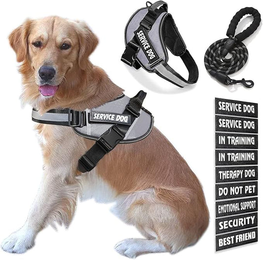 Service Dog Vest, 9 Dog Patches No Pull Dog Harness and Leash Set with Handle,Easy On and Off Pet Vest Harness with Night Safe Reflective Straps for Small Medium Large Breed Dogs
