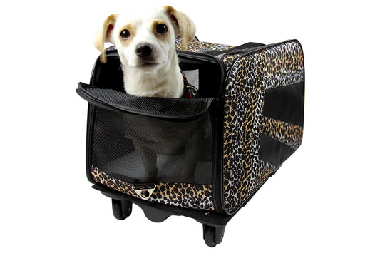 dbest products Pet Smart Cart, Medium, Leopard, Rolling Carrier with Wheels Soft Sided Collapsible Folding Travel Bag, Dog Cat Airline Approved Tote Luggage Backpack